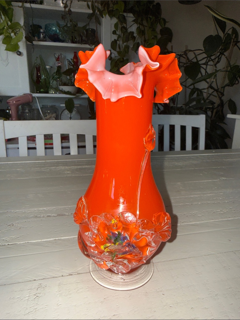 Stevens & Williams England Glowing Bittersweet Orange Shatterglass Rigaree Vase